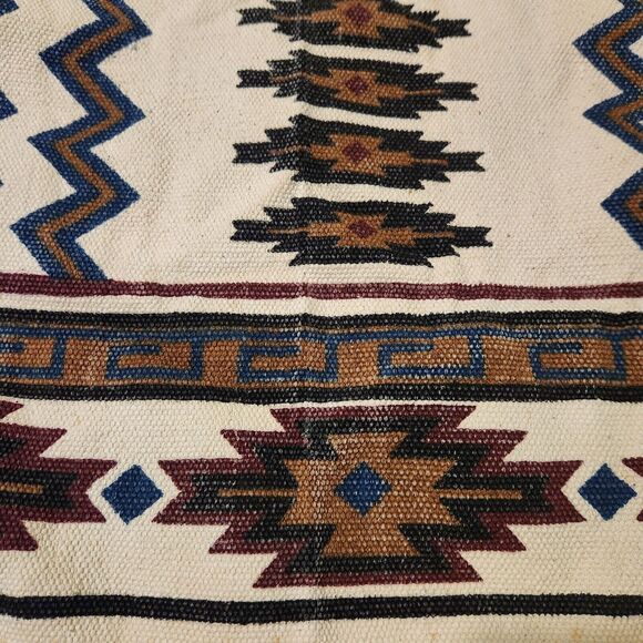 Southwest Aztec Accent Rug 26 x 21.5" Fringe Small Neutral Colors Vtg Cotton - Picture 8 of 14